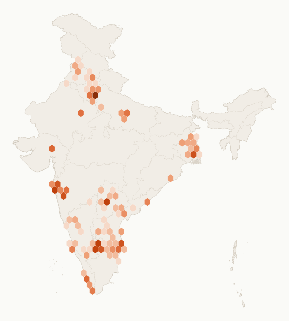 Map of India shaded by where Amazon Now sites cluster in September 2026, darkest around Bangalore, Delhi, Mumbai, Pune, Hyderabad.