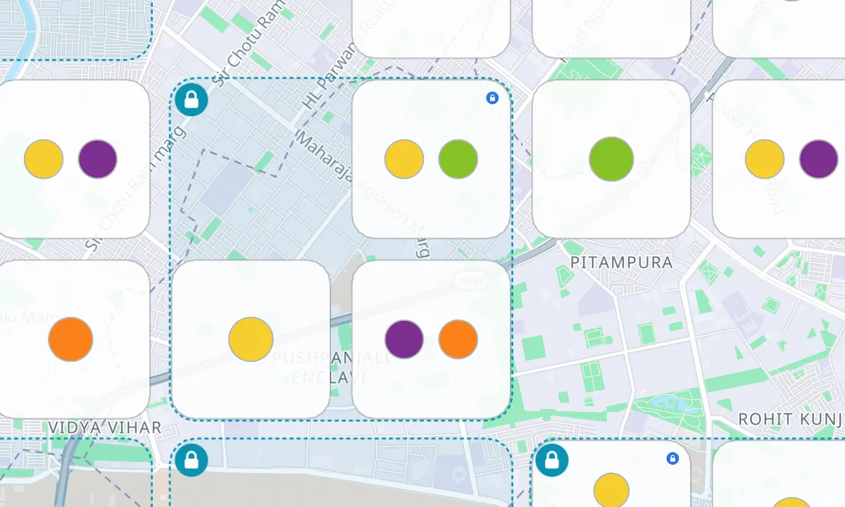 The free map: Pitampura, Delhi as 1 km squares, each with a dot for every store inside it