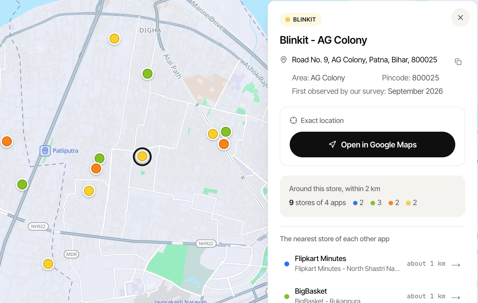 The research portal showing Patna: each dark store as a dot on the map, and one store's card with its street address